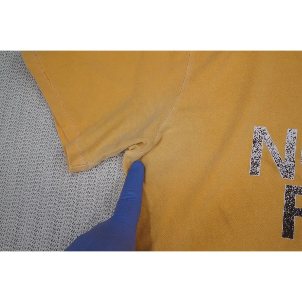 The North Face Shirt Mens Large Yellow Short Sleeve Spellout Logo Out door Fade